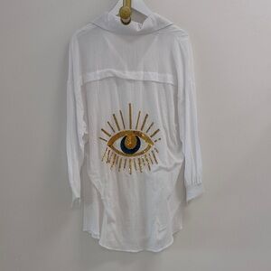 White Button-Up Shirt with Gold & Navy Eye Embellishment